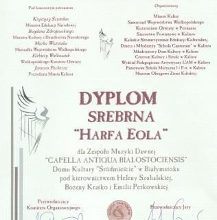 dyplom dla Zespół Muzyki i Tańca Dawnego Capella Antiqua Bialostociensis