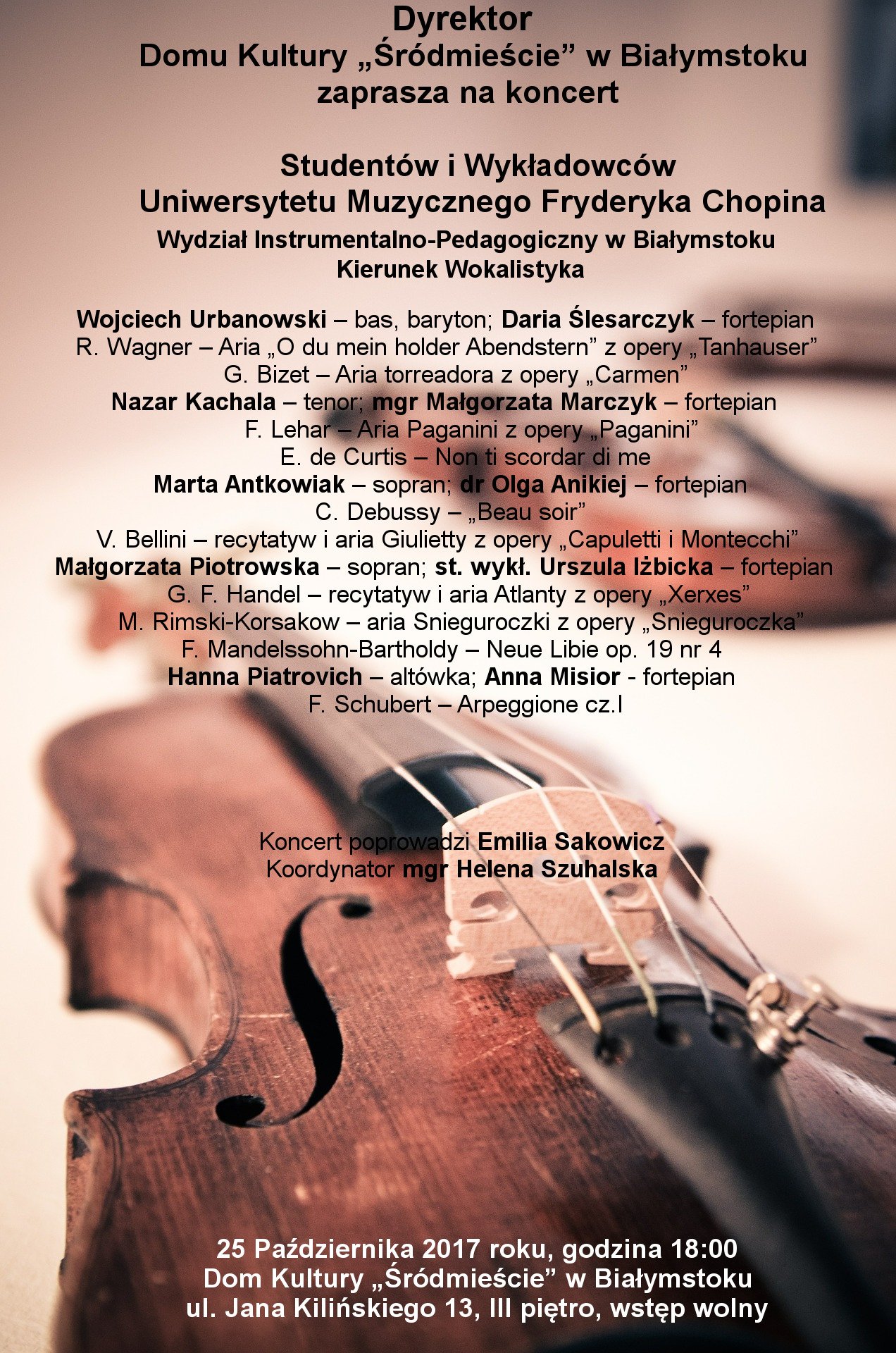plakat koncertu studentów i wykładowców uniwersytetu muzycznego fryderyka chopina w dkś