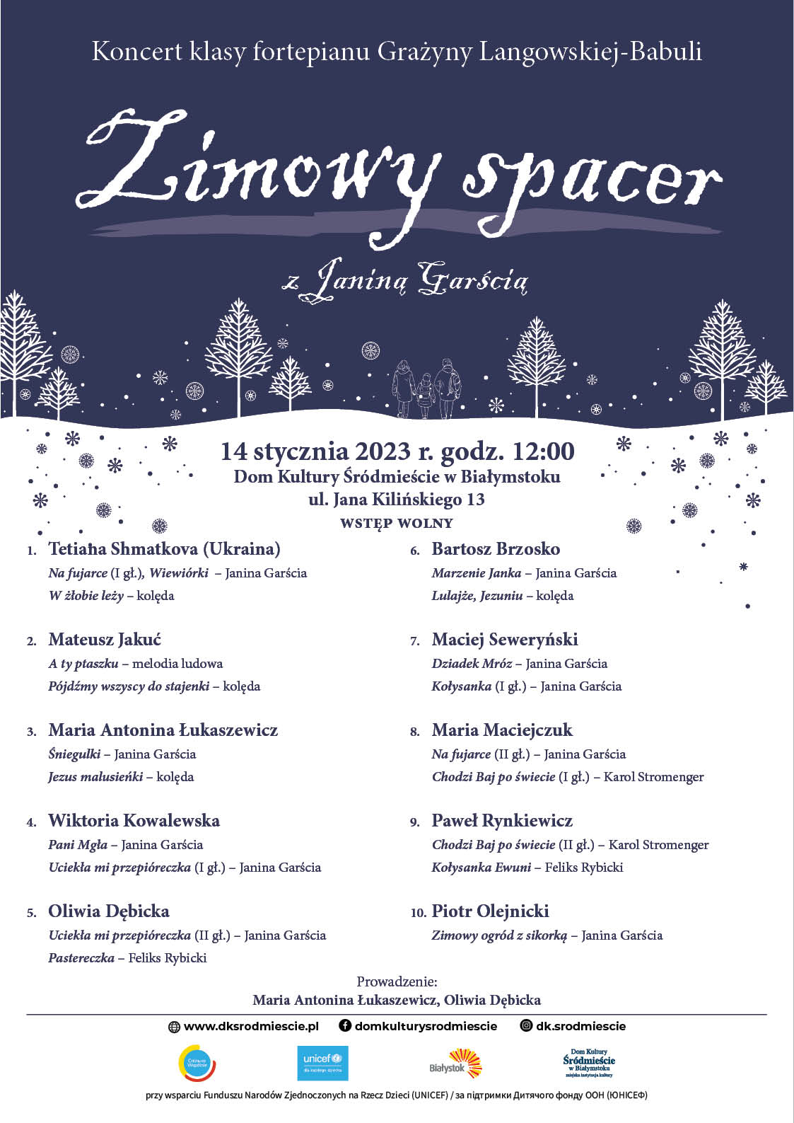 Afisz z programem koncertu "Zimowy spacer z Janiną Garścią"